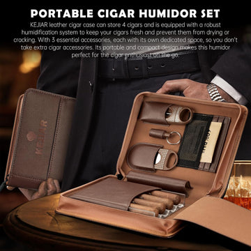 Cigar Humidor Case, Portable Cigar Box with Straight Cutter, V Cutter, Hole Puncher, Humidifier Packs, Travel Humidor and Cigar Accessories Gift Set Leather Cigar Case (Brown)