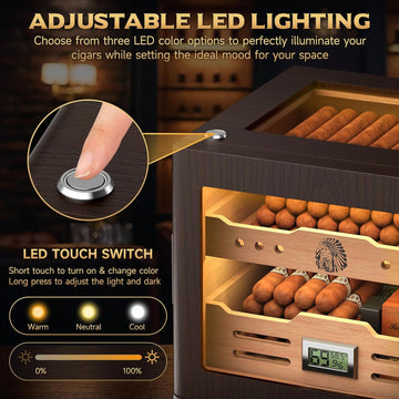 XIFEI Cigar Humidor Cabinet, Glass Top & Adjustable LED Lighting, Digital Hygrometer, 2 Humidifiers, Cigar Tube, Desktop Cedar Wood Humidor with Accessory Drawer for 80-100 Cigars, Ideal Men's Gift