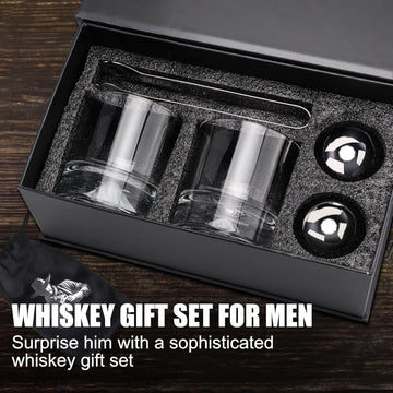 Gifts for Men Him Husband - Whiskey Stones Gift Set - Whiskey Glass Set of 2 - Gift for Birthday Wedding for Boyfriend Fiance, Cool Burbon Scotch Set Gifts