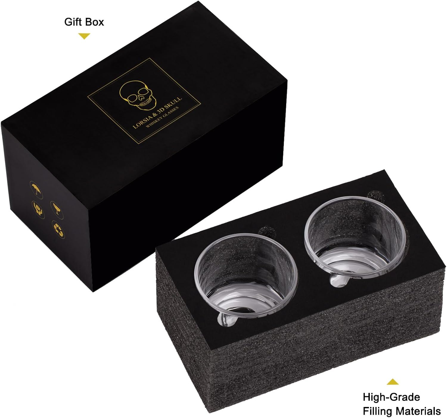 Hand Blown Crystal Skull Whiskey Glasses, Set of 2 Bourbon Glasses In Gift Box - 10 Oz Old Fashioned Glasses for Scotch, Cocktail, Rum - Perfect Gifts for Halloween, Christmas, Thanksgiving for Men
