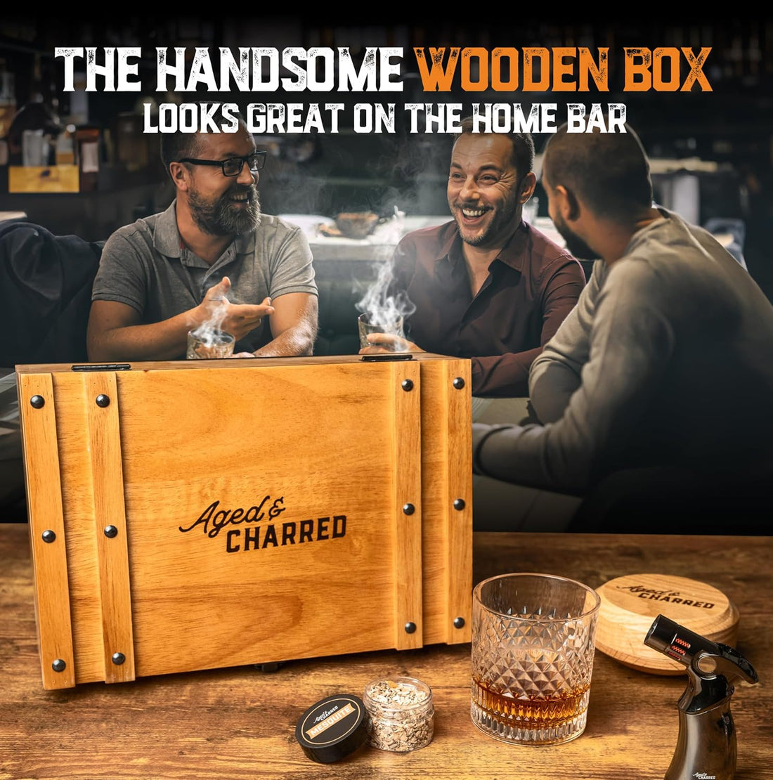 Whiskey Cocktail Smoker Kit with Torch & 8 Flavors Wood Chips - Premium USA Oak Smoker - Old Fashioned Smoker Kit - Bourbon Gifts for Men (with Butane)