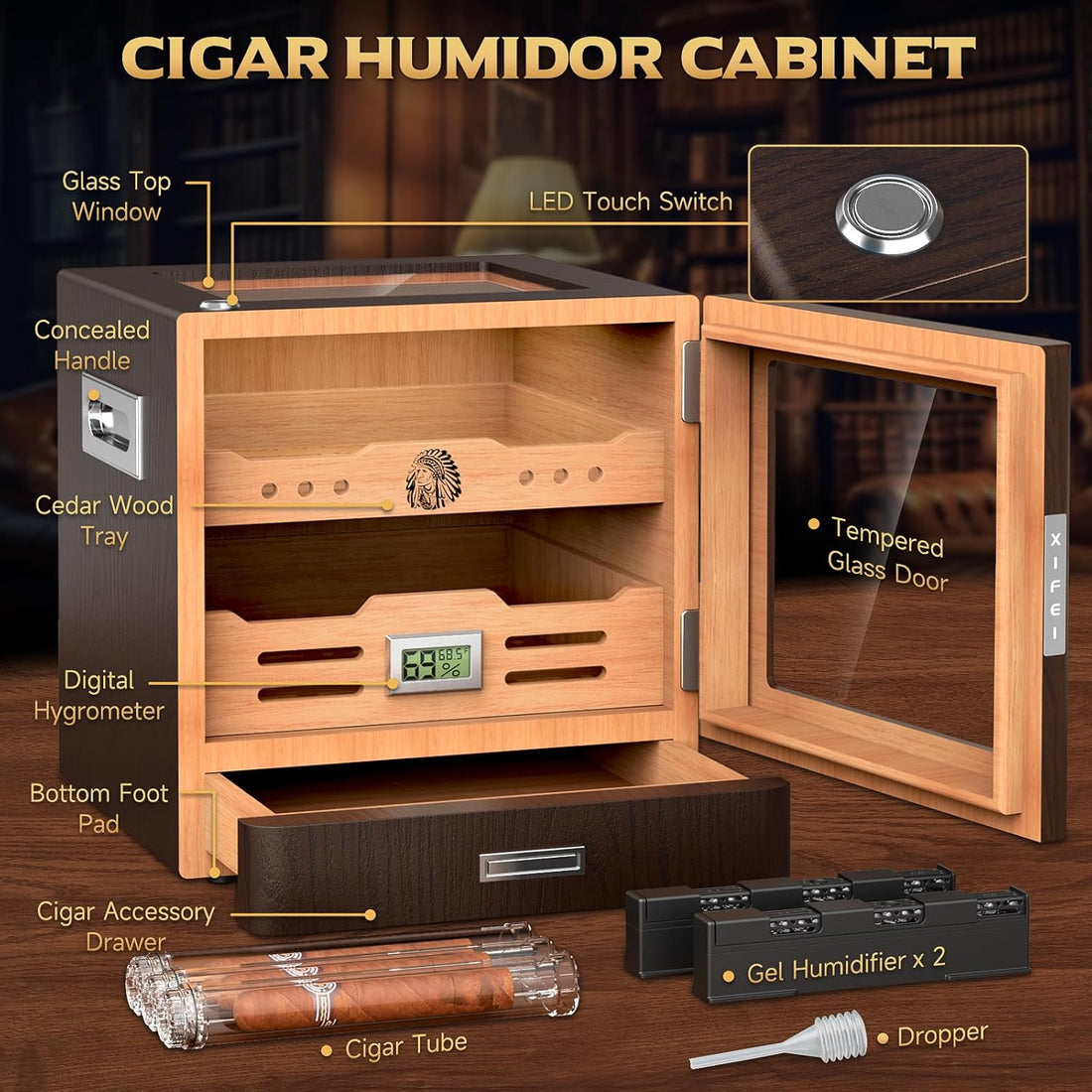 XIFEI Cigar Humidor Cabinet, Glass Top & Adjustable LED Lighting, Digital Hygrometer, 2 Humidifiers, Cigar Tube, Desktop Cedar Wood Humidor with Accessory Drawer for 80-100 Cigars, Ideal Men's Gift