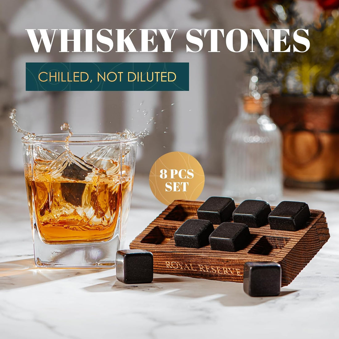 Whiskey Stones Gift Set by Royal Reserve – Artisan Crafted Reusable Chilling Rocks for Scotch – Bourbon Gifts for Men Husband Dad Boyfriend Guy
