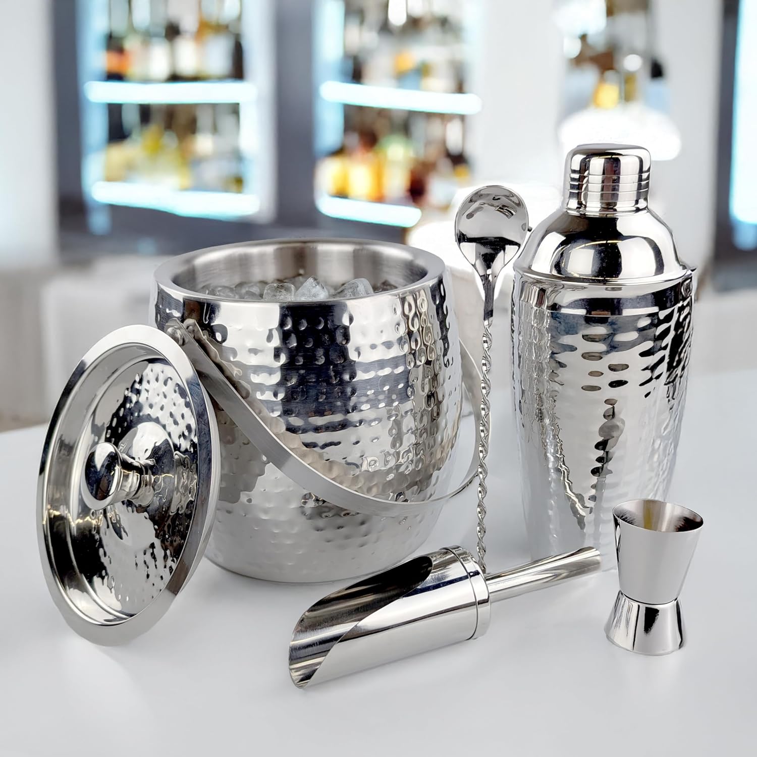 BREKX Insulated Ice Bucket for Cocktail Bar with Drink Shaker 5-Piece Cocktail Set for Parties with Lid and Scoop - Bartender Accessories, Bartending Kit for Home Bar or Gifting