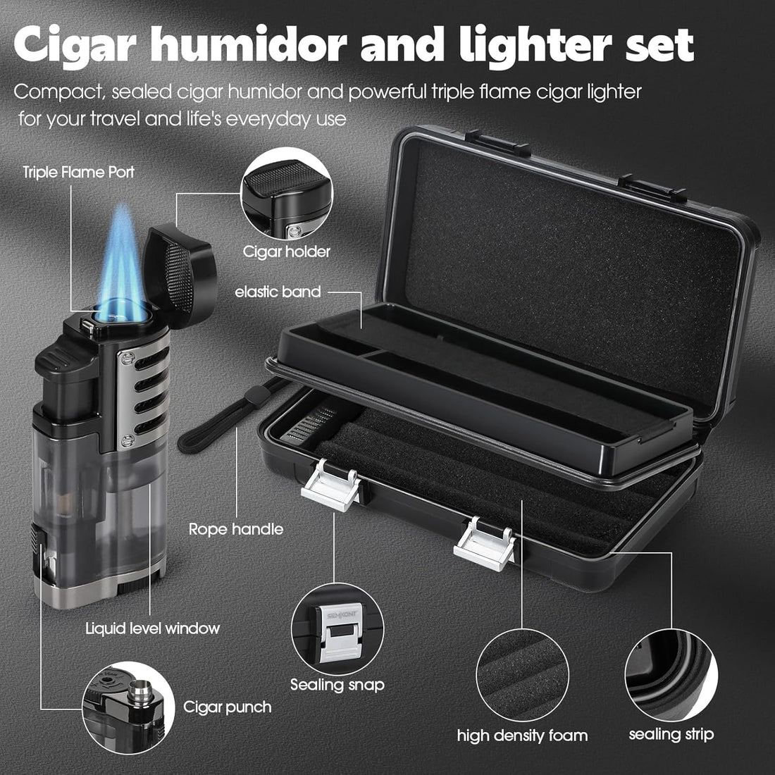 Cigar Humidor, Portable Travel Cigar Box, Double Cigar Humidor with Separate Storage for Cigar Accessories, Cigar Travel Case with Cigar Lighter(No Butane), Holds 5 Cigars (Black)