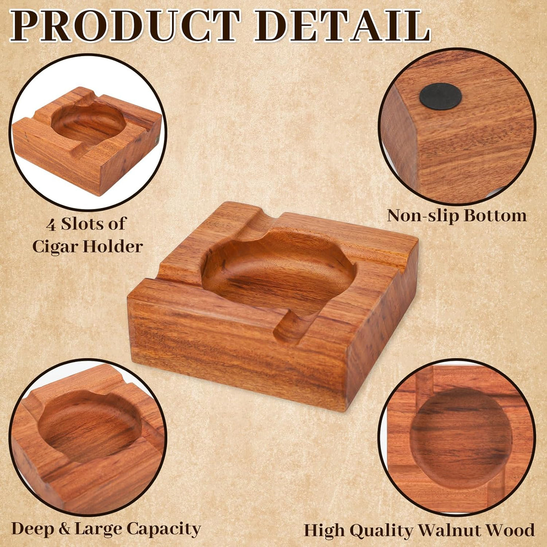 Premium Wooden Cigar Ashtray with Cigar Cutter, Large Cigarette Ash Tray Set with 4 Slot Holder, Accessories Outdoor Indoor Home Bar Use, Ideal Christmas Father's Day Gift for Men