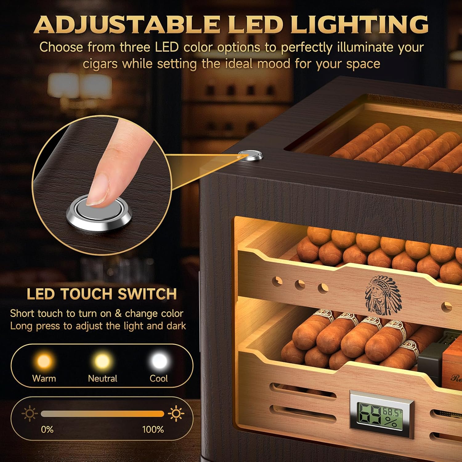XIFEI Cigar Humidor Cabinet, Glass Top & Adjustable LED Lighting, Digital Hygrometer, 2 Humidifiers, Cigar Tube, Desktop Cedar Wood Humidor with Accessory Drawer for 80-100 Cigars, Ideal Men's Gift