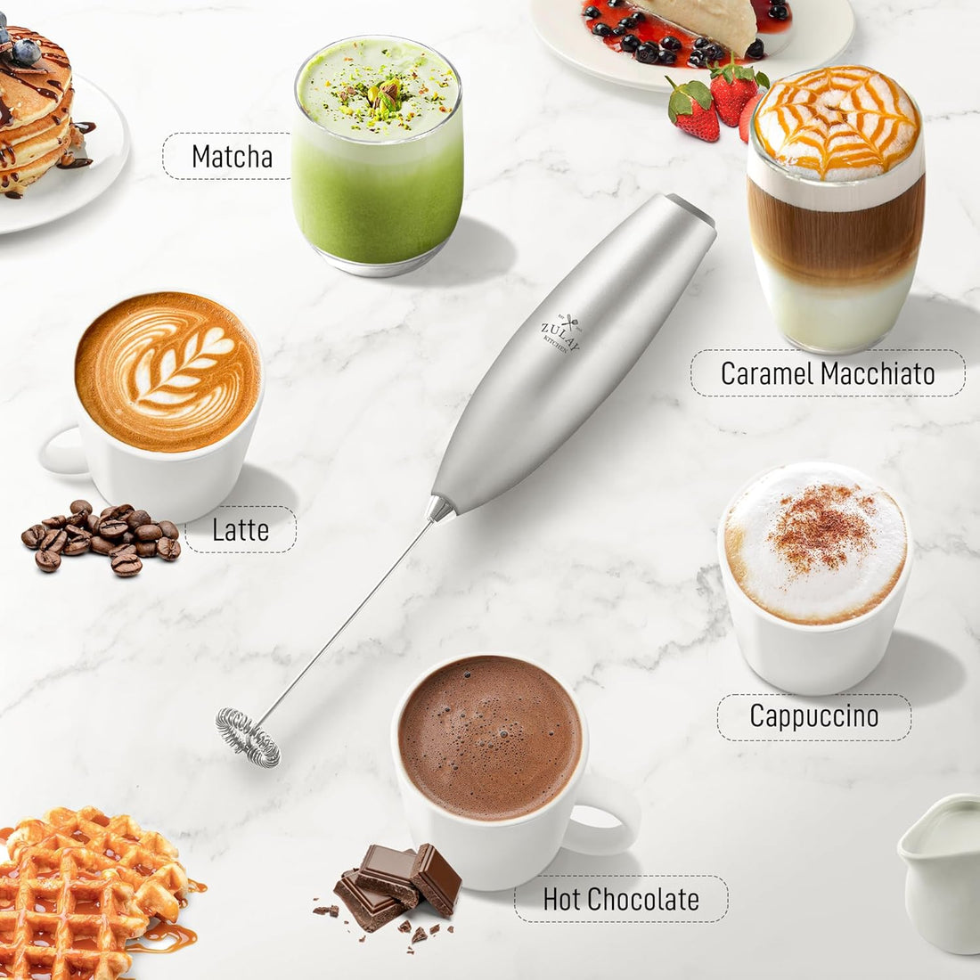 Zulay Powerful Milk Frother for Coffee with Upgraded Titanium Motor - Handheld Electric Whisk, Milk Foamer, Mini Mixer & Coffee Blender for Frappe, Latte, Matcha, No Stand - Silver