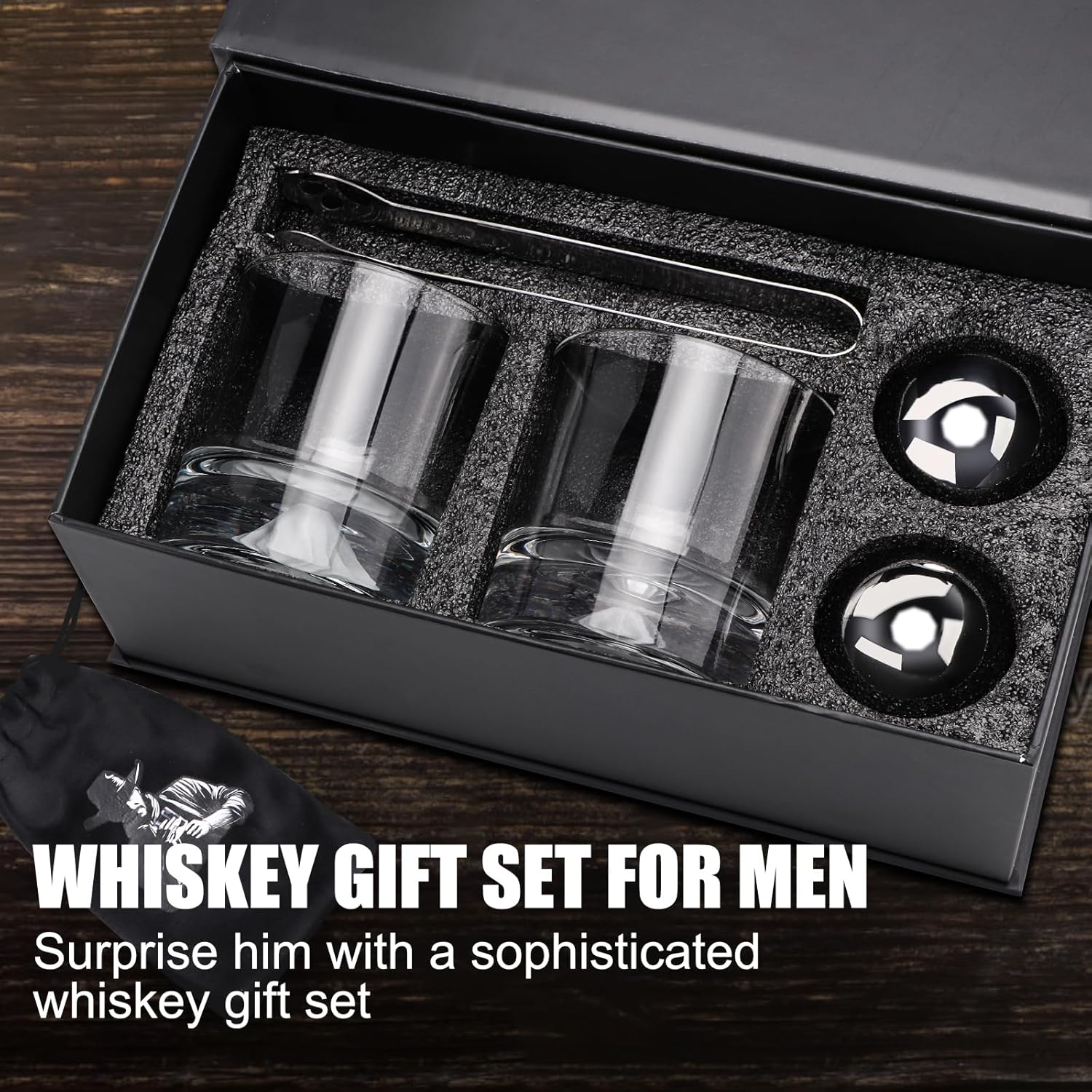 Gifts for Men Him Husband - Whiskey Stones Gift Set - Whiskey Glass Set of 2 - Gift for Birthday Wedding for Boyfriend Fiance, Cool Burbon Scotch Set Gifts