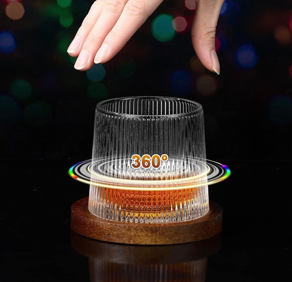 1 pcs Whiskey Glasses Set Rotatable Old Fashioned Glasses with Creative Walnut Coasters, Whiskey Gifts for Men Husband Father's Day, Bourbon Glass Cups for Drinking Cocktails (Diamond style)